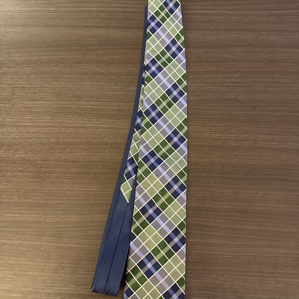 Mens Brothers & Yorks Plaid Necktie Blue Green White Silk Blend Dress Tie - Picture 4 of 4